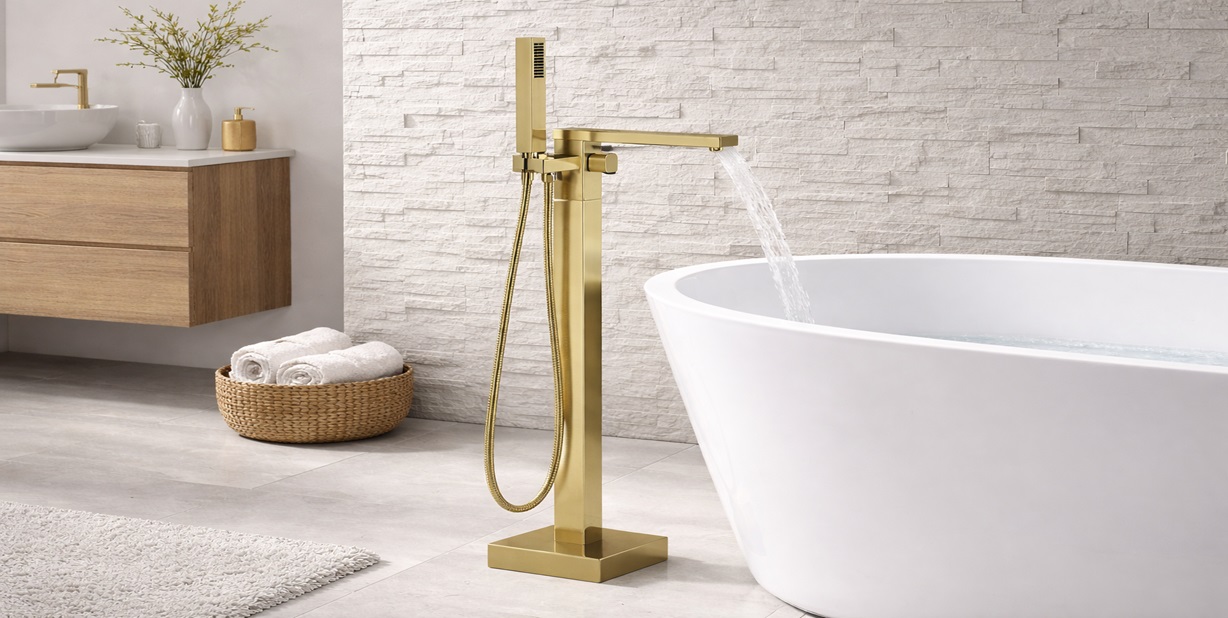 Fontana Leini FS7898BG brushed gold waterfall freestanding tub faucet with handheld spray